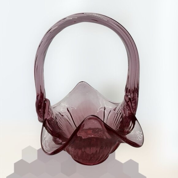 Footed Vintage Fenton Plum Art Glass Basket with Applied Handle 6" Tall Marked - Picture 5 of 16